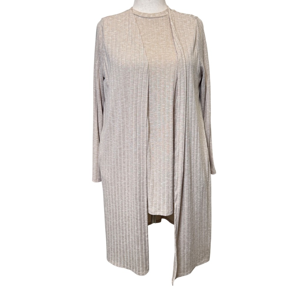 Lane Bryant 2pc Cardigan Tank Set 14/16 Beige Ribbed Knit Metallic Office Layers